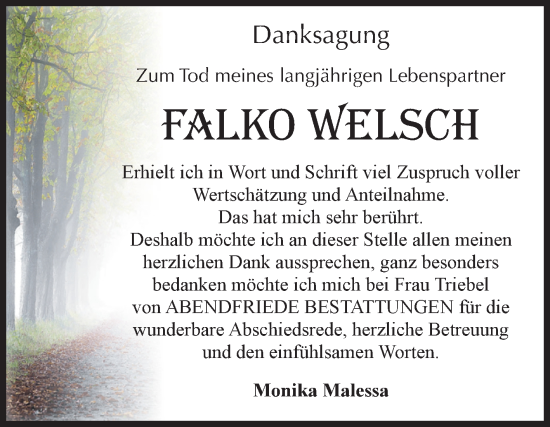 Traueranzeige von Falko Welsch von Volksstimme Magdeburg