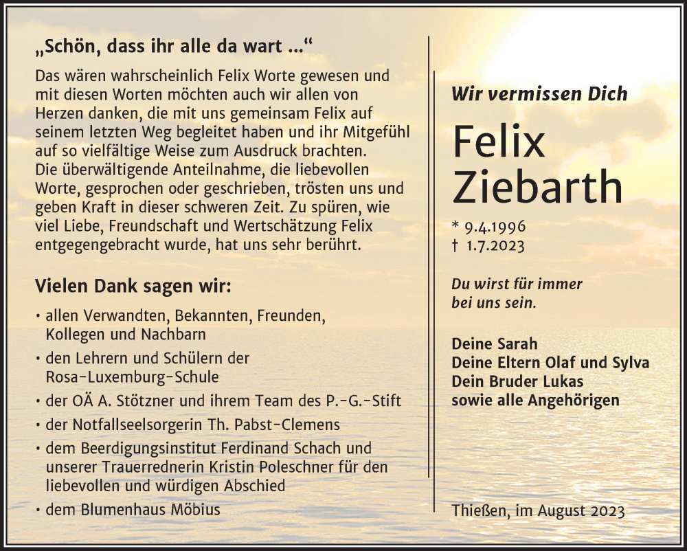  Traueranzeige für Felix Ziebarth vom 12.08.2023 aus Trauerkombi Wittenberg