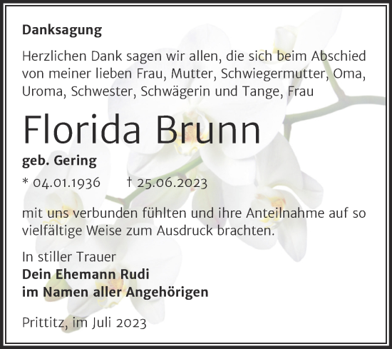 Traueranzeige von Florida Brunn von Mitteldeutsche Zeitung Weißenfels