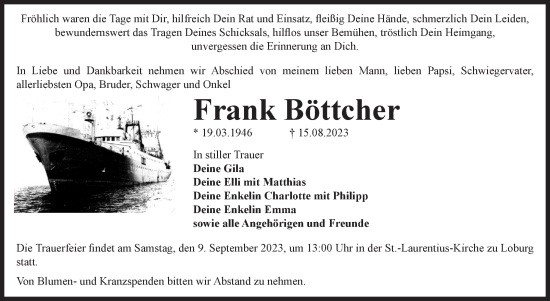 Traueranzeige von Frank Böttcher von Volksstimme Zerbst