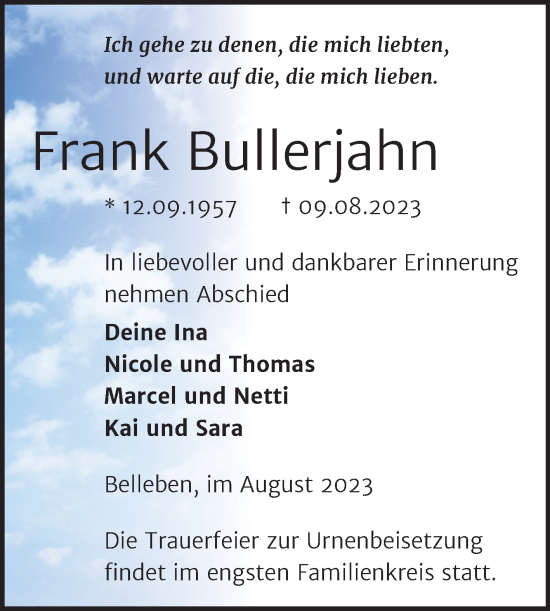 Traueranzeige von Frank Bullerjahn von Trauerkombi Bernburg