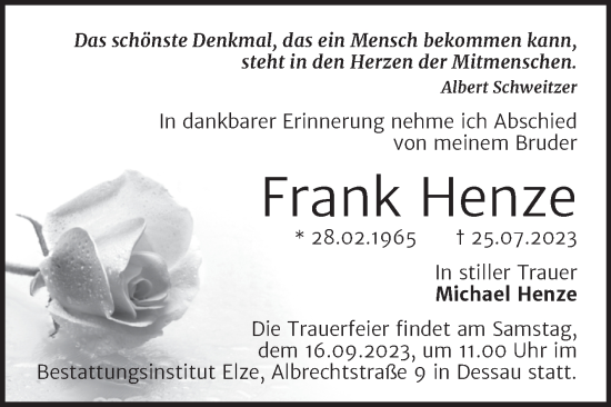 Traueranzeige von Frank Henze von Trauerkombi Dessau
