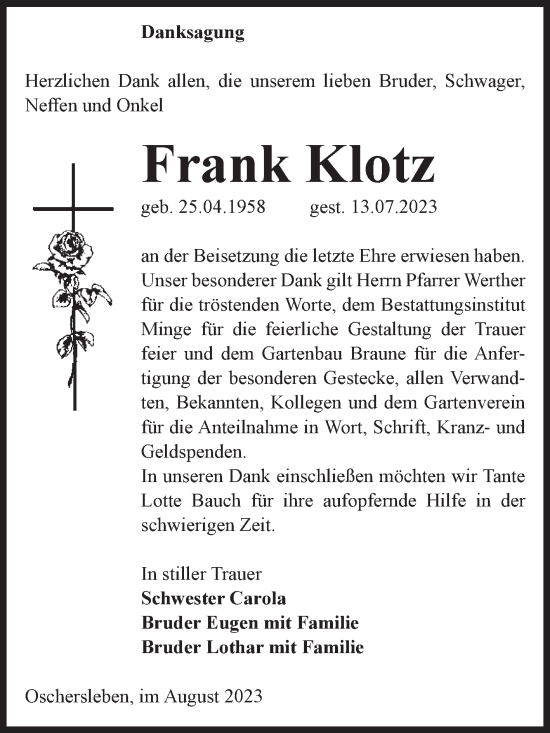 Traueranzeige von Frank Klotz von Volksstimme Oschersleben/Wanzleben