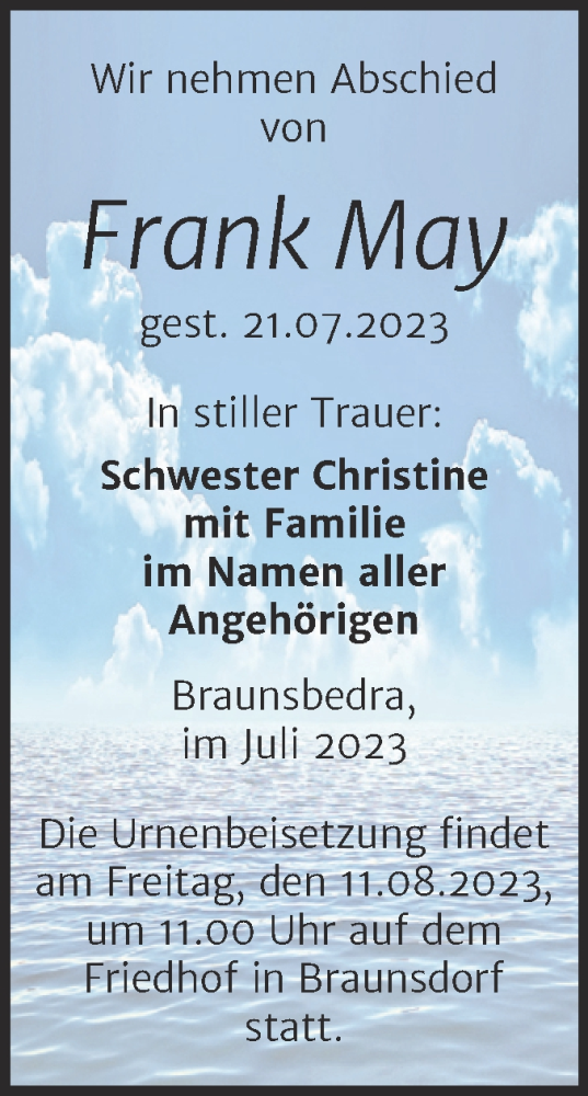 Traueranzeige von Frank May von Trauerkombi Merseburg