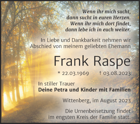 Traueranzeige von Frank Raspe von Trauerkombi Wittenberg