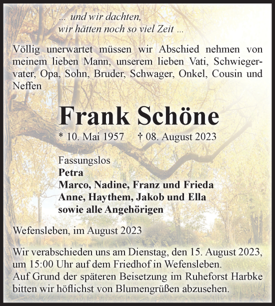 Traueranzeige von Frank Schöne von Volksstimme Oschersleben/Wanzleben