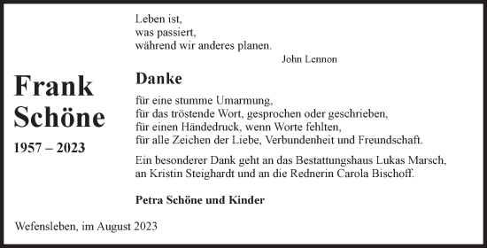 Traueranzeige von Frank Schöne von Volksstimme Oschersleben/Wanzleben