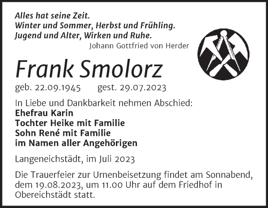 Traueranzeige von Frank Smolorz von Trauerkombi Merseburg