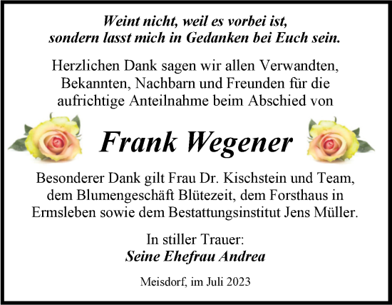 Traueranzeige von Frank Wegener von Trauerkombi Quedlinburg