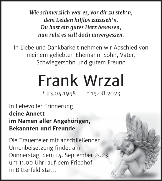 Traueranzeige von Frank Wrzal von Trauerkombi Bitterfeld