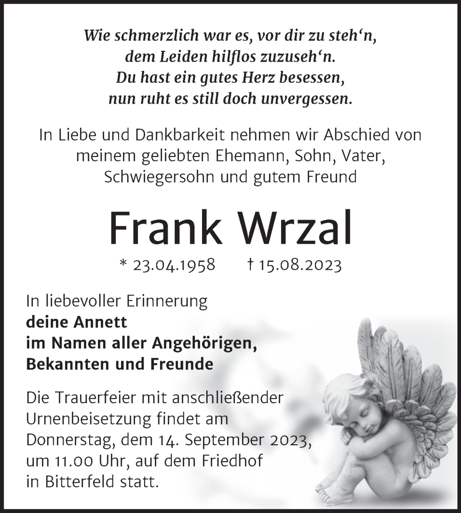  Traueranzeige für Frank Wrzal vom 26.08.2023 aus Trauerkombi Bitterfeld