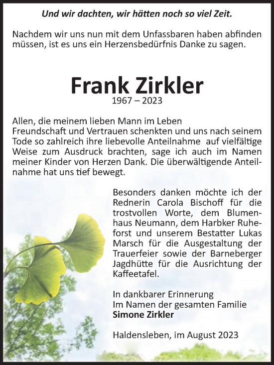 Traueranzeige von Frank Zirkler von Volksstimme Oschersleben/Wanzleben