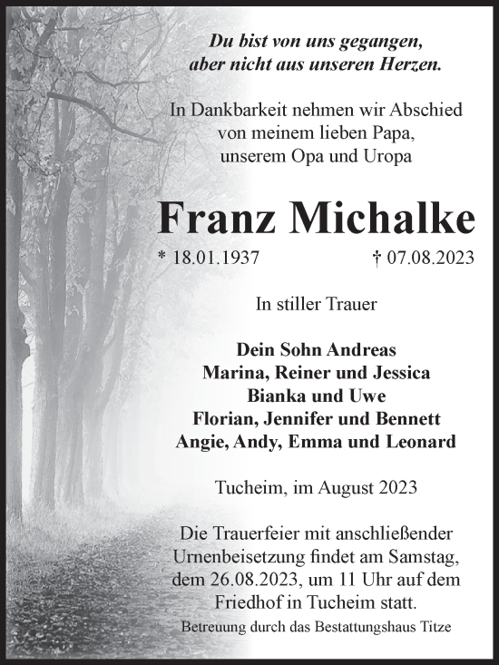 Traueranzeige von Franz Michalke von Volksstimme Burg/Genthin