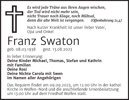 Traueranzeige von Franz Swaton von Trauerkombi Bitterfeld