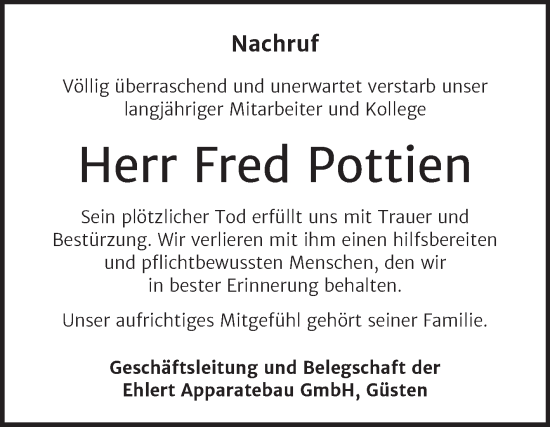 Traueranzeige von Fred Pottien von Super Sonntag Bernburg
