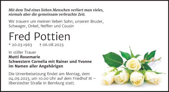 Traueranzeige von Fred Pottien von Trauerkombi Bernburg