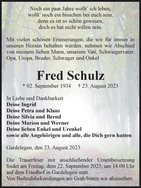 Traueranzeige von Fred Schulz von Volksstimme Altmark West