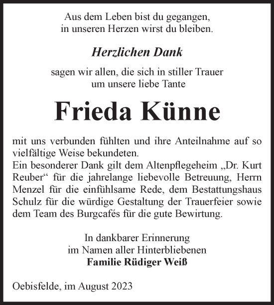 Traueranzeige von Frieda Künne von Volksstimme Altmark West
