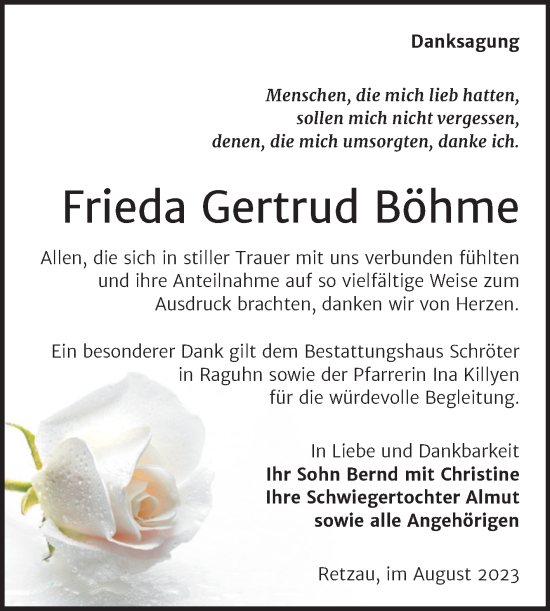 Traueranzeige von Frieda Gertrud Böhme von Trauerkombi Bitterfeld