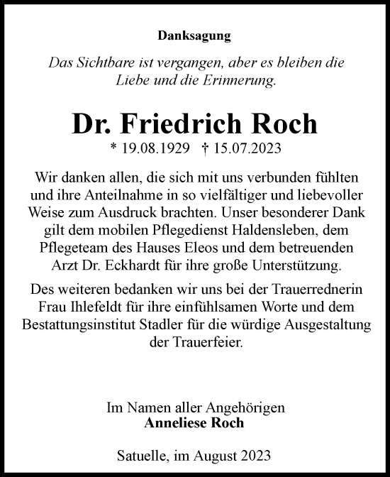 Traueranzeige von Friedrich Roch von Volksstimme Haldensleben/Wolmirstedt