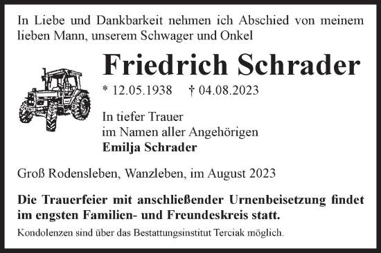 Traueranzeige von Friedrich Schrader von Volksstimme Oschersleben/Wanzleben