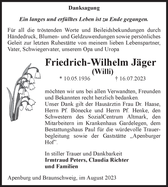 Traueranzeige von Friedrich-Wilhelm Jäger von Volksstimme Altmark West