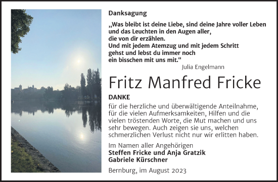 Traueranzeige von Fritz Manfred Fricke von Trauerkombi Bernburg