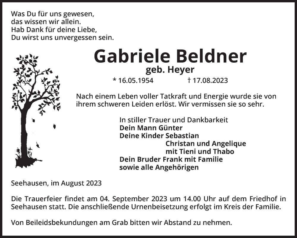  Traueranzeige für Gabriele Beldner vom 30.08.2023 aus Volksstimme Altmark Ost