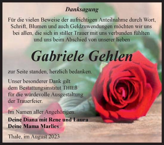 Traueranzeige von Gabriele Gehlen von Trauerkombi Quedlinburg