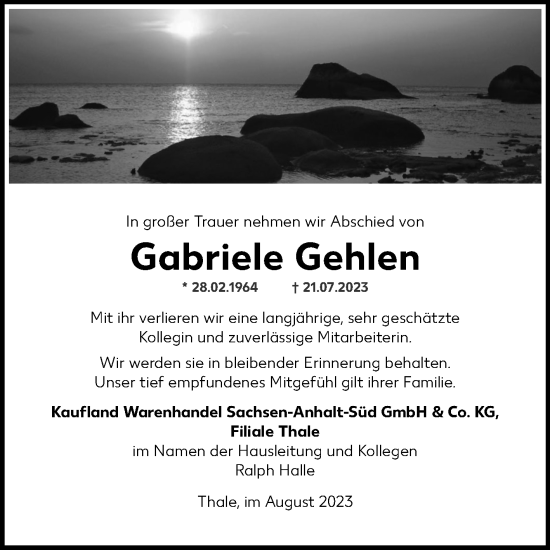 Traueranzeige von Gabriele Gehlen von Mitteldeutsche Zeitung Quedlingburg