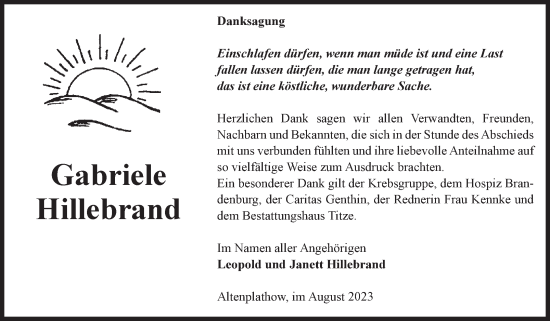 Traueranzeige von Gabriele Hillebrand von Volksstimme Burg/Genthin