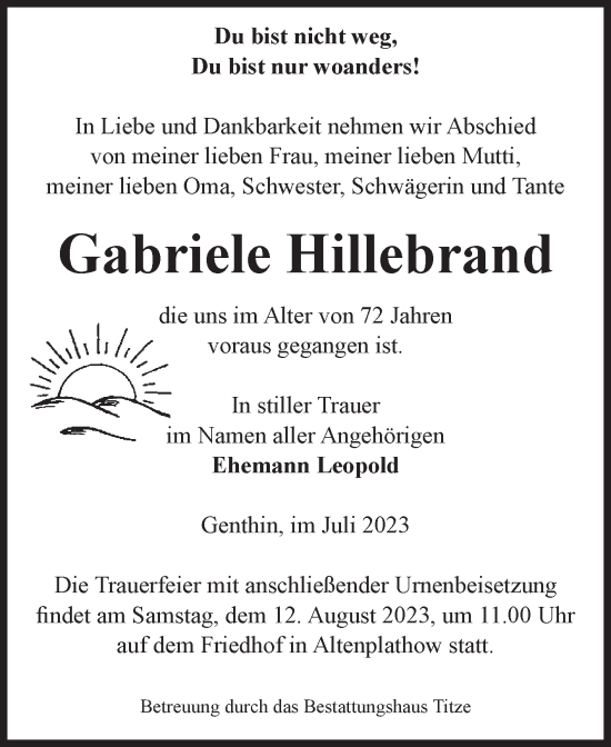 Traueranzeige von Gabriele Hillebrand von Volksstimme Burg/Genthin