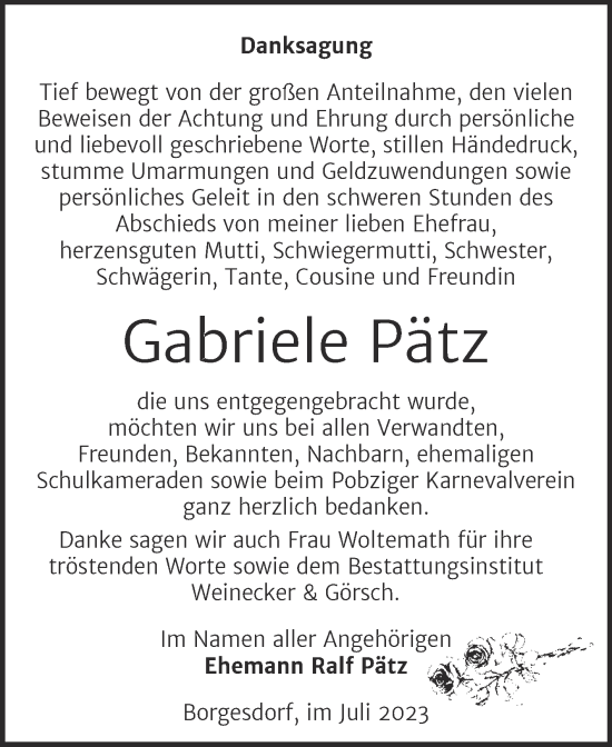 Traueranzeige von Gabriele Pätz von Trauerkombi Bernburg