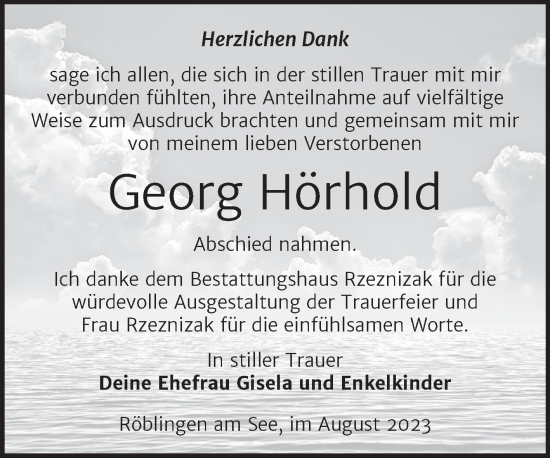 Traueranzeige von Georg Hörhold von Trauerkombi Mansfelder Land