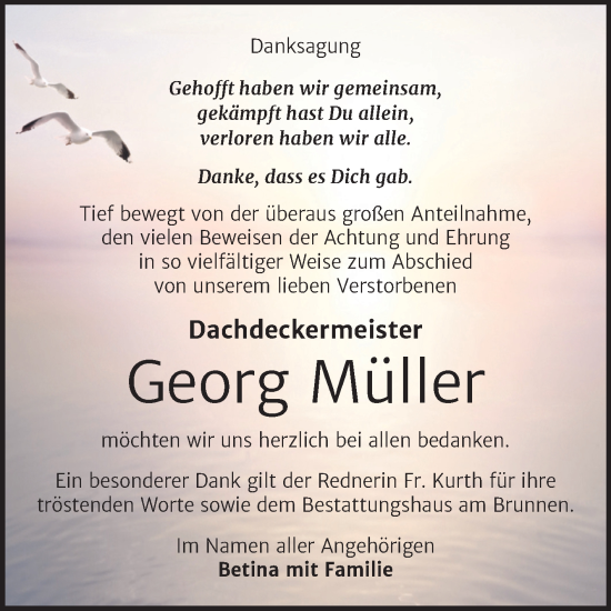 Traueranzeige von Georg Müller von Trauerkombi Mansfelder Land