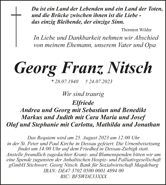Traueranzeige von Georg Franz Nitsch von Trauerkombi Dessau