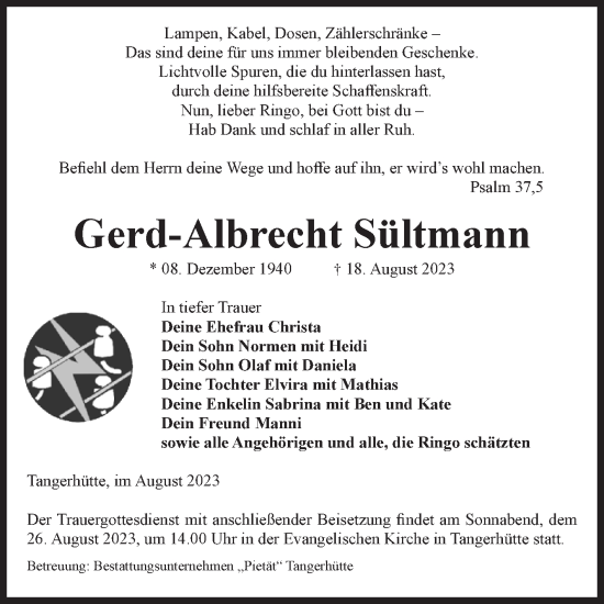 Traueranzeige von Gerd-Albrecht Sültmann von Volksstimme Altmark Ost