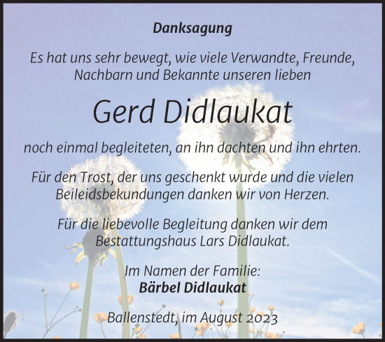 Traueranzeige von Gerd Didlaukat von Trauerkombi Quedlinburg
