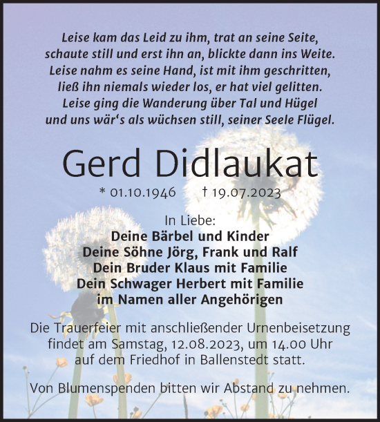 Traueranzeige von Gerd Didlaukat von Trauerkombi Quedlinburg