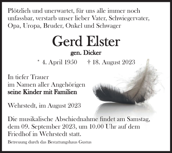 Traueranzeige von Gerd Elster von Volksstimme Halberstadt