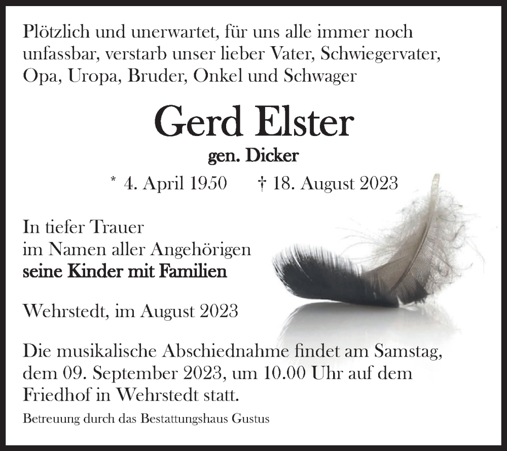  Traueranzeige für Gerd Elster vom 26.08.2023 aus Volksstimme Halberstadt