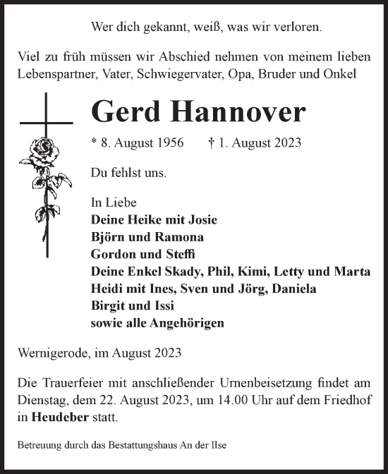 Traueranzeige von Gerd Hannover von Volksstimme Wernigerode