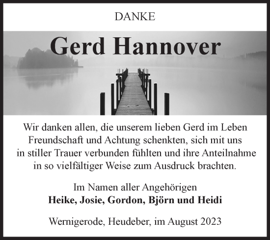 Traueranzeige von Gerd Hannover von Volksstimme Wernigerode