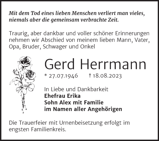 Traueranzeige von Gerd Herrmann von Trauerkombi Bernburg