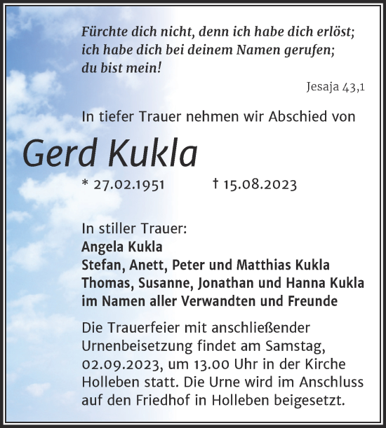 Traueranzeige von Gerd Kukla von Mitteldeutsche Zeitung Halle/Saalkreis