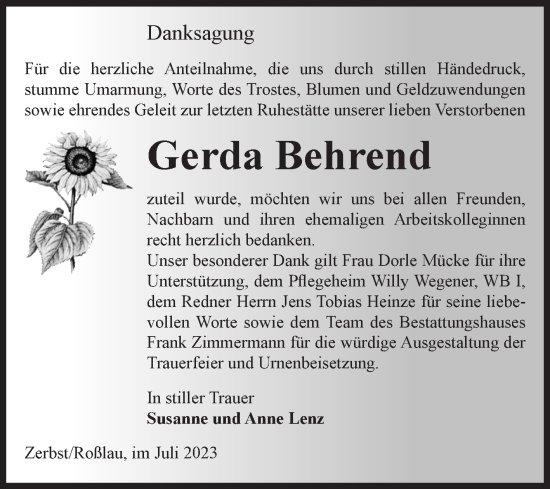 Traueranzeige von Gerda Behrend von Volksstimme Zerbst