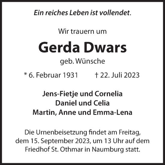 Traueranzeige von Gerda Dwars von Trauerkombi Weißenfels