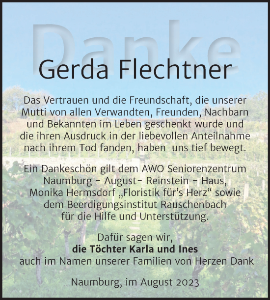Traueranzeige von Gerda Flechtner von Naumburger Tageblatt