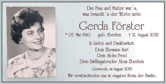 Traueranzeige von Gerda Förster von Trauerkombi Quedlinburg