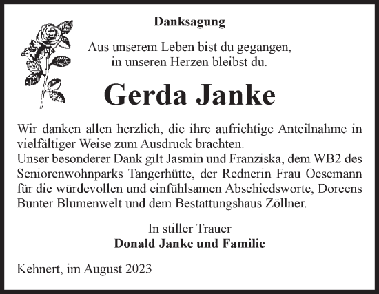 Traueranzeige von Gerda Janke von Volksstimme Altmark Ost